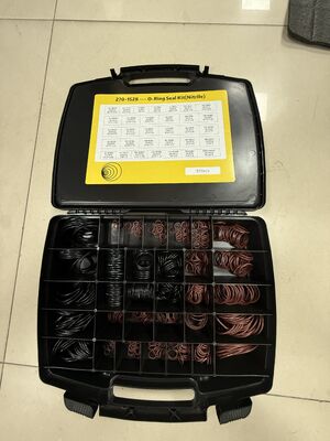 Kit de reparo de vedações para escavadeira com caixa de armazenamento separada com grade e tabela de tamanhos impressa para fácil acesso e redução do tempo de inatividade da máquina